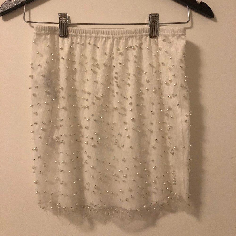 White Beaded High Waisted Mini Skirt